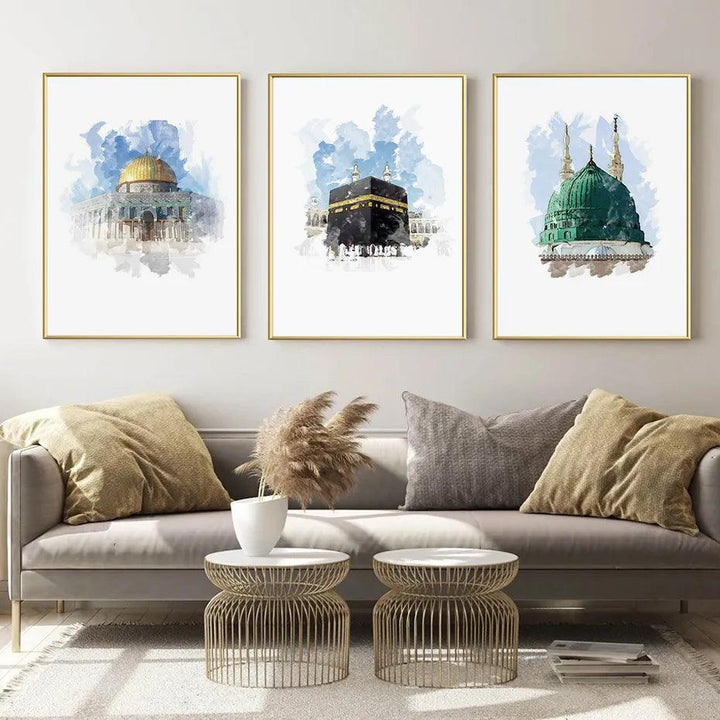 Islamic Mosque Trio | Masjid Nabwi, Masjid Al-Aqsa, Kabah | Set of 3 Canvases