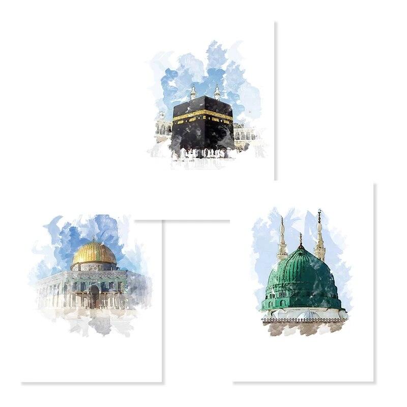 Islamic Mosque Trio | Masjid Nabwi, Masjid Al-Aqsa, Kabah | Set of 3 Canvases