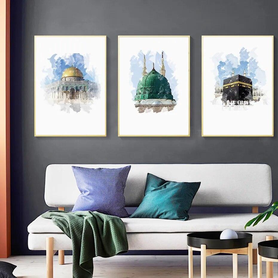 Islamic Mosque Trio | Masjid Nabwi, Masjid Al-Aqsa, Kabah | Set of 3 Canvases