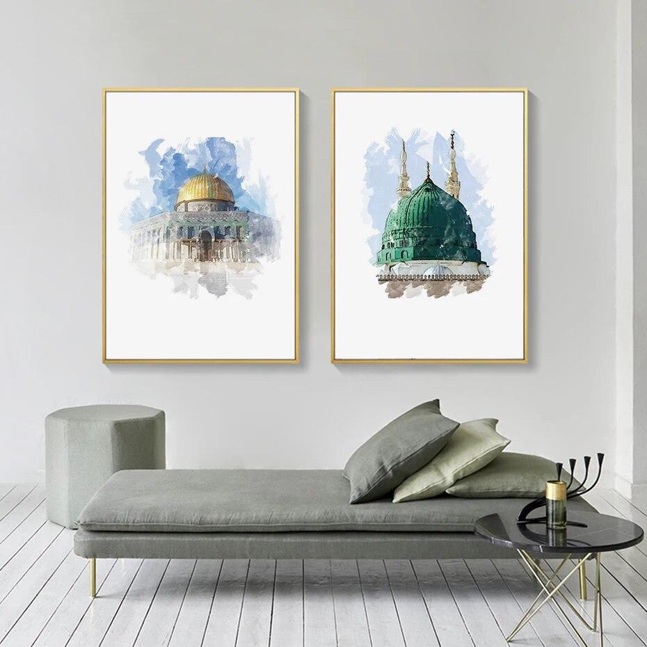 Islamic Mosque Trio | Masjid Nabwi, Masjid Al-Aqsa, Kabah | Set of 3 Canvases