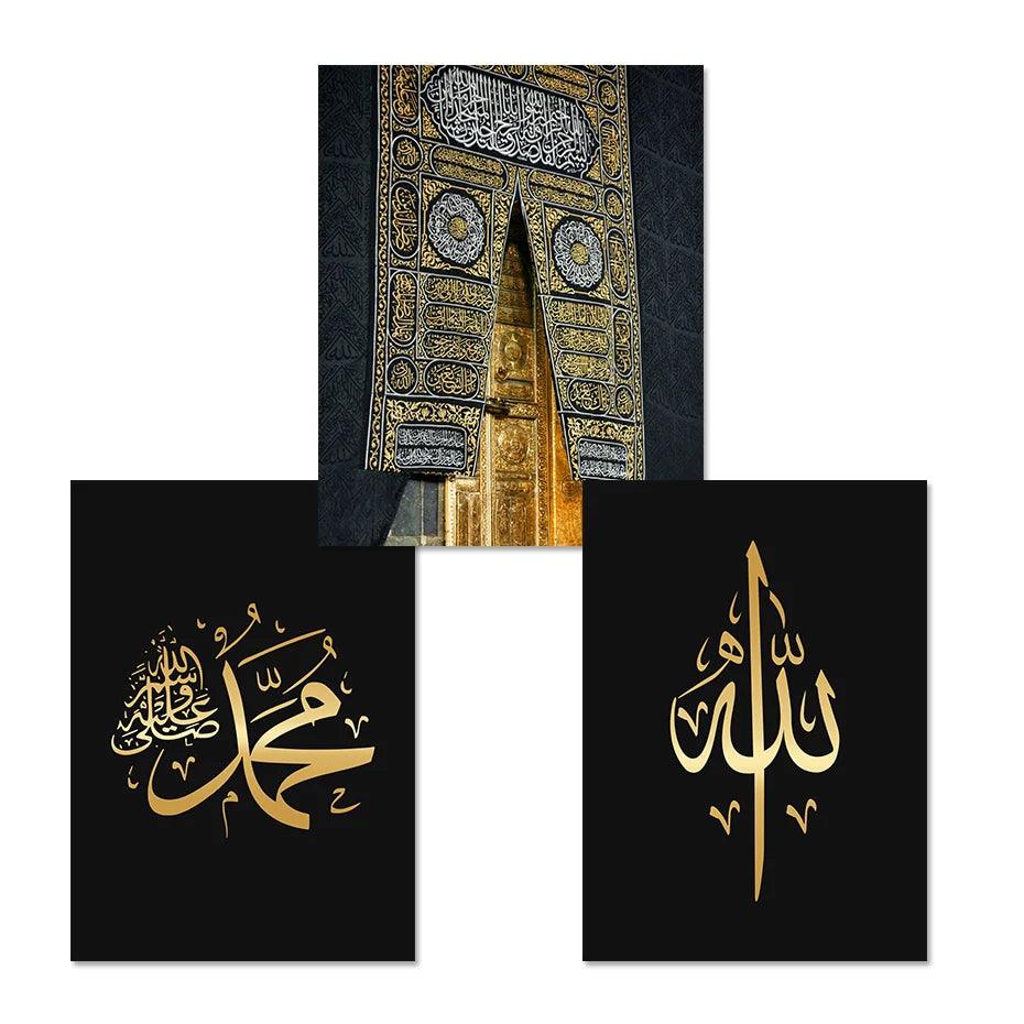 Kaaba, Muhammad, Allah Trio | Islamic Architecture & Gold Calligraphy Wall Art