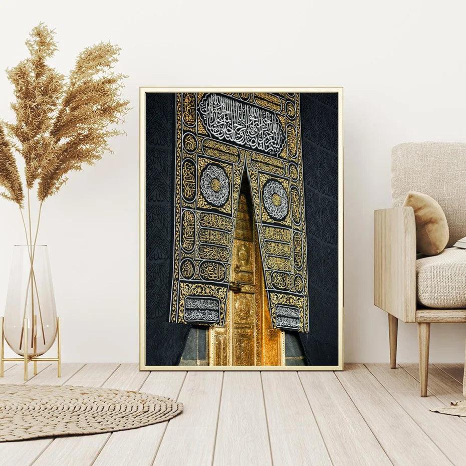 Kaaba, Muhammad, Allah Trio | Islamic Architecture & Gold Calligraphy Wall Art