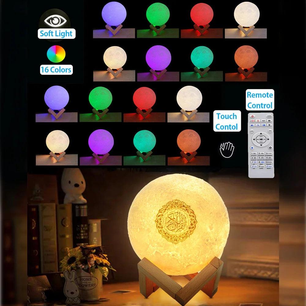 Different LED light colour options for Moon Lamp Quran Speaker