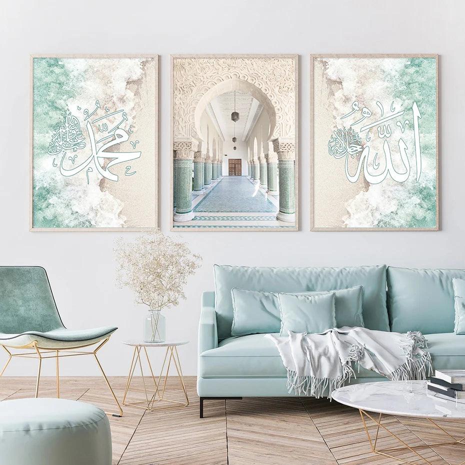 Moroccan Arch & Beach Trio | Aquamarine Islamic Calligraphy | Set of 3 Canvases