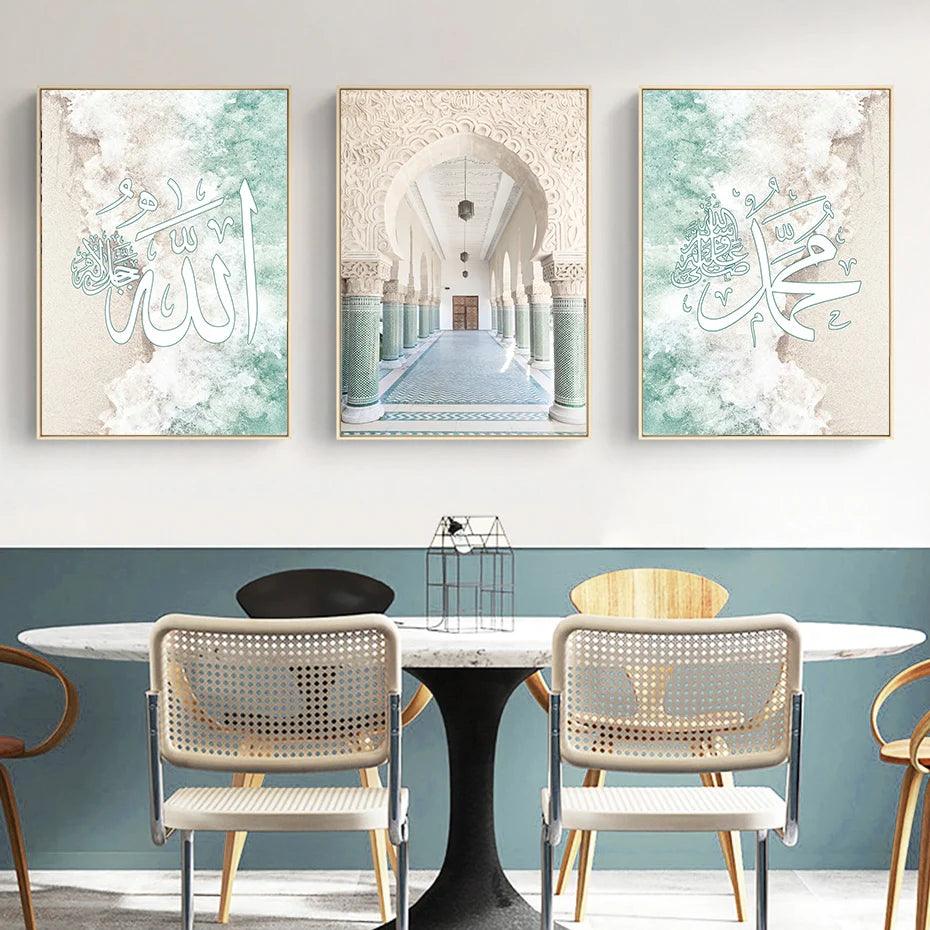 Moroccan Arch & Beach Trio | Aquamarine Islamic Calligraphy | Set of 3 Canvases