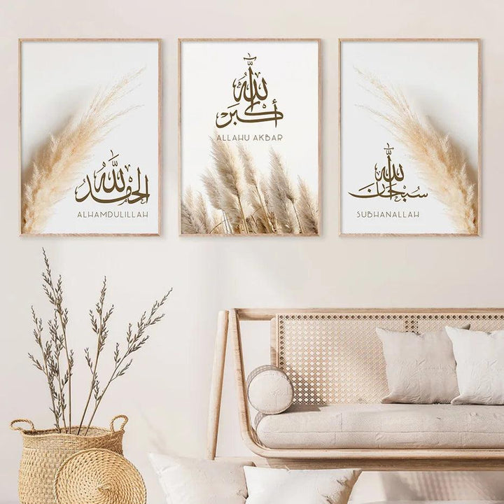 Pampas Grass Dhikr Trio | Islamic Wall Art | Set of 3 Canvases