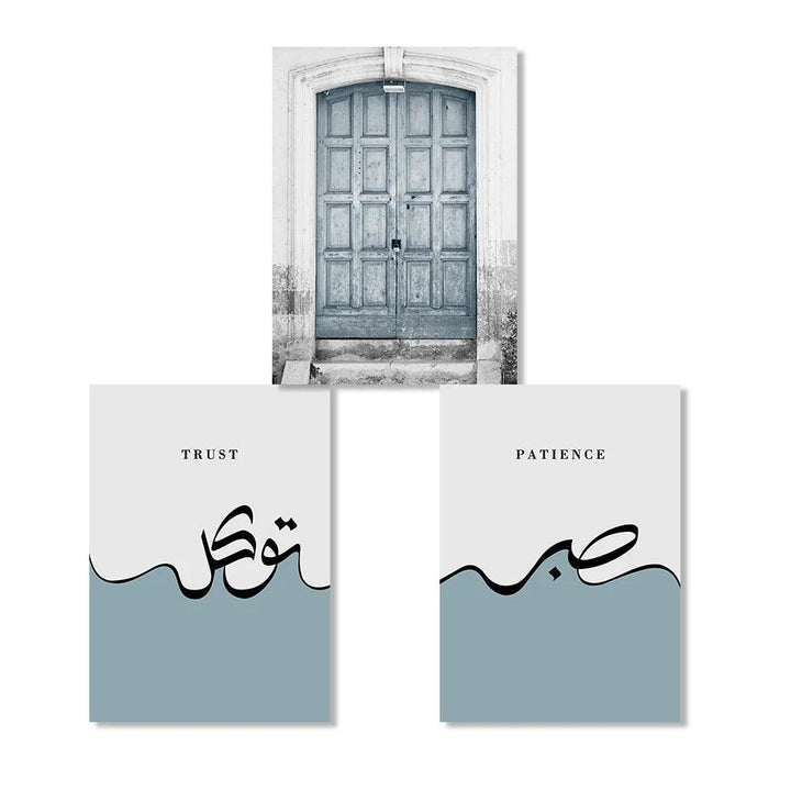 Patience, Trust, Masjid Door Trio | Islamic Architecture Wall Art | Set of 3 Canvases