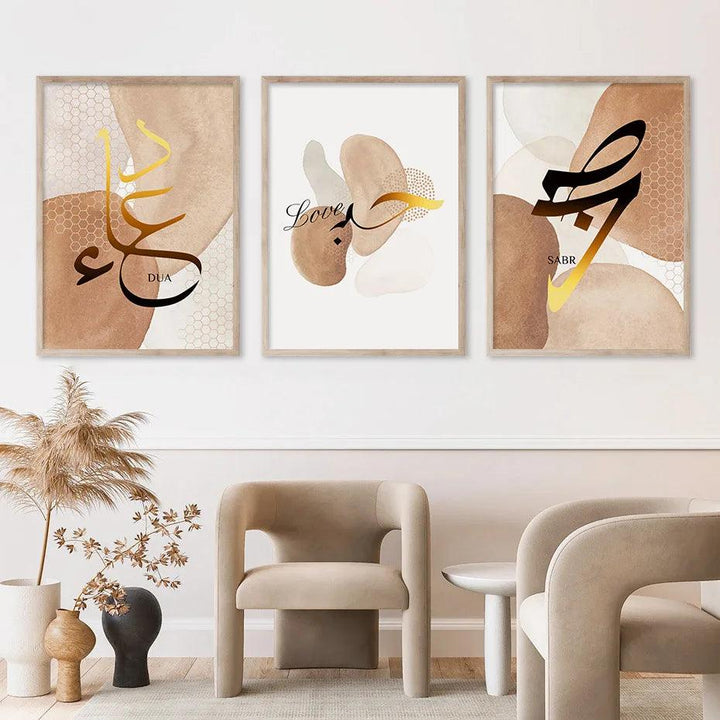 Sabr, Dua, Love Trio | Abstract Boho Islamic Wall Art | Set of 3 Canvases