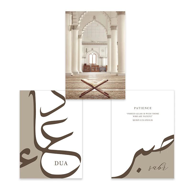 Sabr, Dua, Mosque Trio | Abstract Calligraphy Islamic Wall Art | Set of 3 Canvases