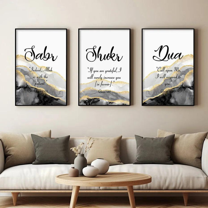 Sabr, Shukr, Dua English Trio | Grey & Gold Marble Wall Art | Set of 3 Canvases