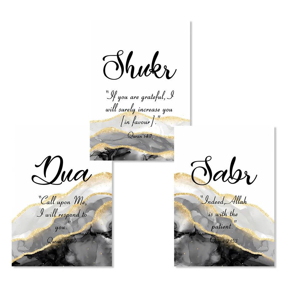 Sabr, Shukr, Dua English Trio | Grey & Gold Marble Wall Art | Set of 3 Canvases