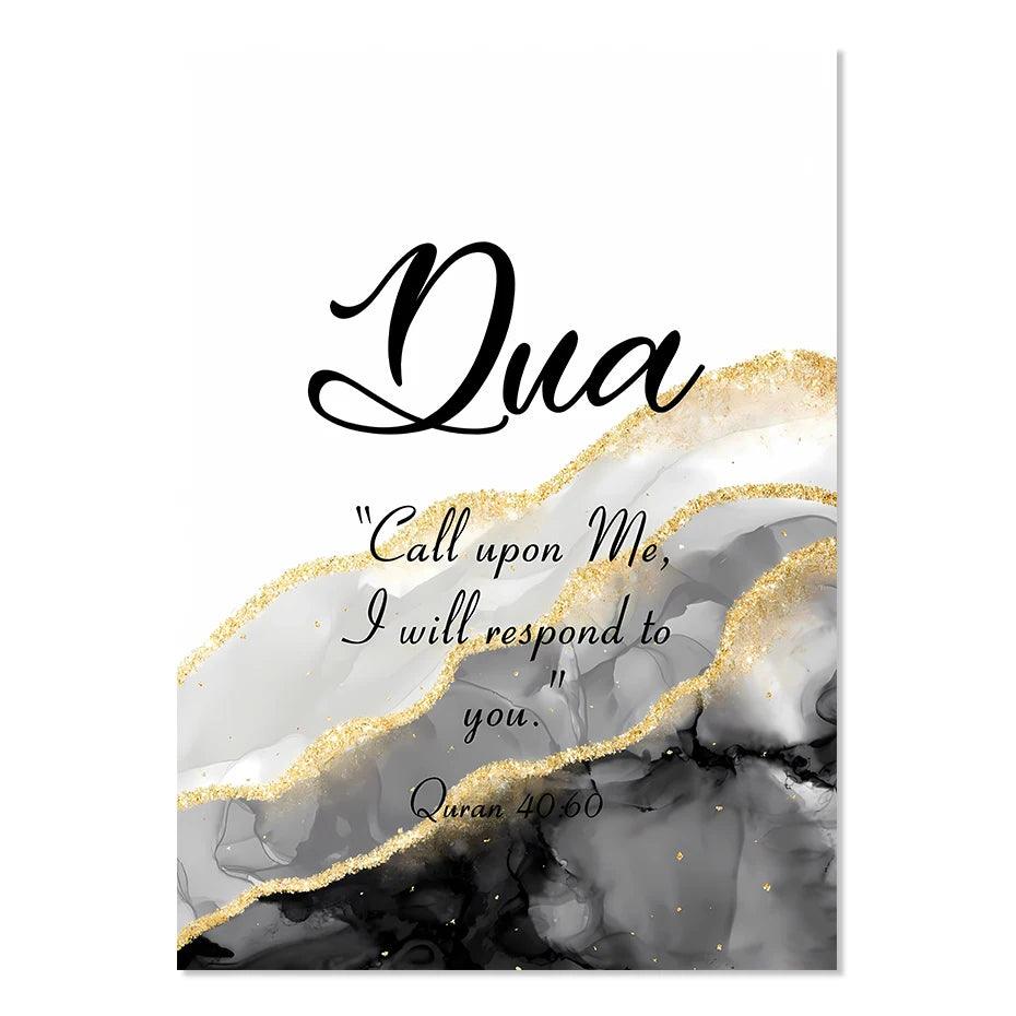 Sabr, Shukr, Dua English Trio | Grey & Gold Marble Wall Art | Set of 3 Canvases