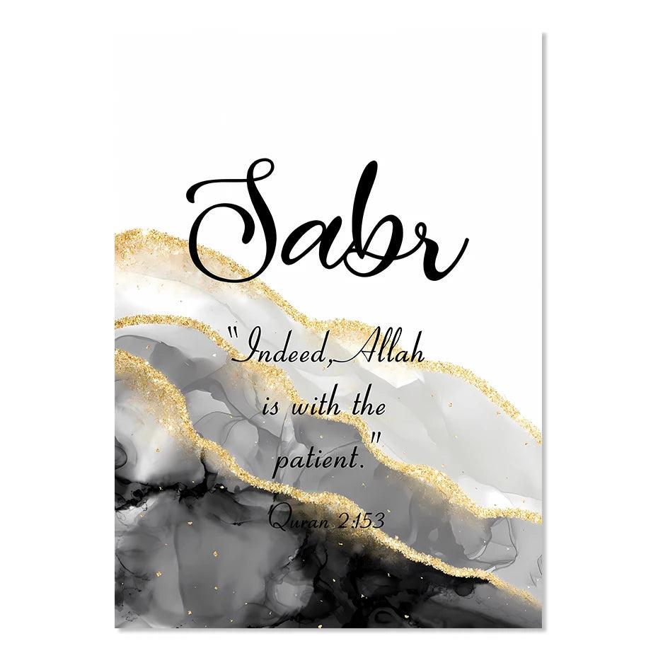 Sabr, Shukr, Dua English Trio | Grey & Gold Marble Wall Art | Set of 3 Canvases