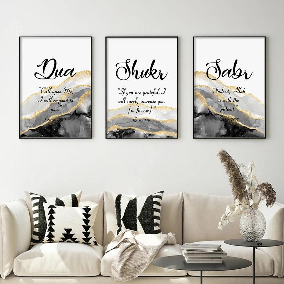 Sabr, Shukr, Dua English Trio | Grey & Gold Marble Wall Art | Set of 3 Canvases