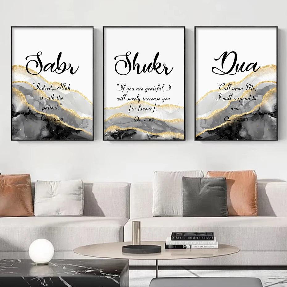 Sabr, Shukr, Dua English Trio | Grey & Gold Marble Wall Art | Set of 3 Canvases