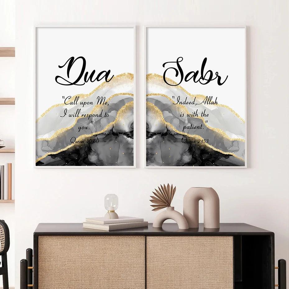 Sabr, Shukr, Dua English Trio | Grey & Gold Marble Wall Art | Set of 3 Canvases