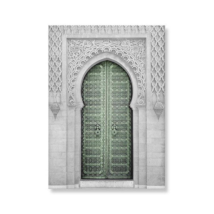 Sabr, Shukr, Masjid Door Trio | Green Islamic Architecture Wall Art | Set of 3 Canvases