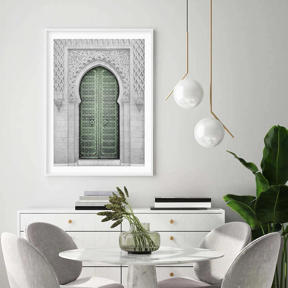 Sabr, Shukr, Masjid Door Trio | Green Islamic Architecture Wall Art | Set of 3 Canvases