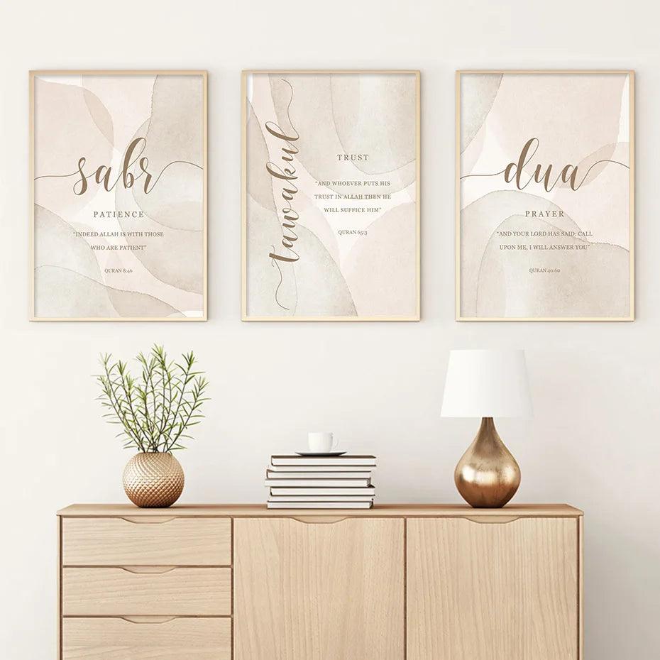 Sabr, Tawakkul, Dua Trio | Beige Minimalist Islamic Wall Art | Set of 3 Canvases