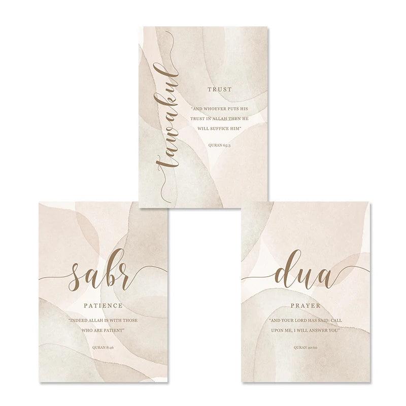 Sabr, Tawakkul, Dua Trio | Beige Minimalist Islamic Wall Art | Set of 3 Canvases