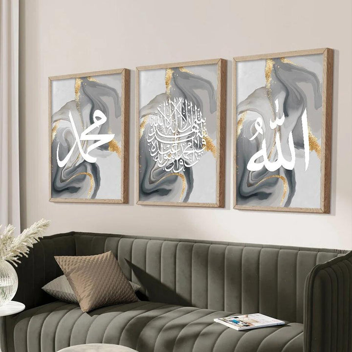 Shahada, Allah, Muhammad Trio | Grey Marble Islamic Calligraphy | Set of 3 Canvases