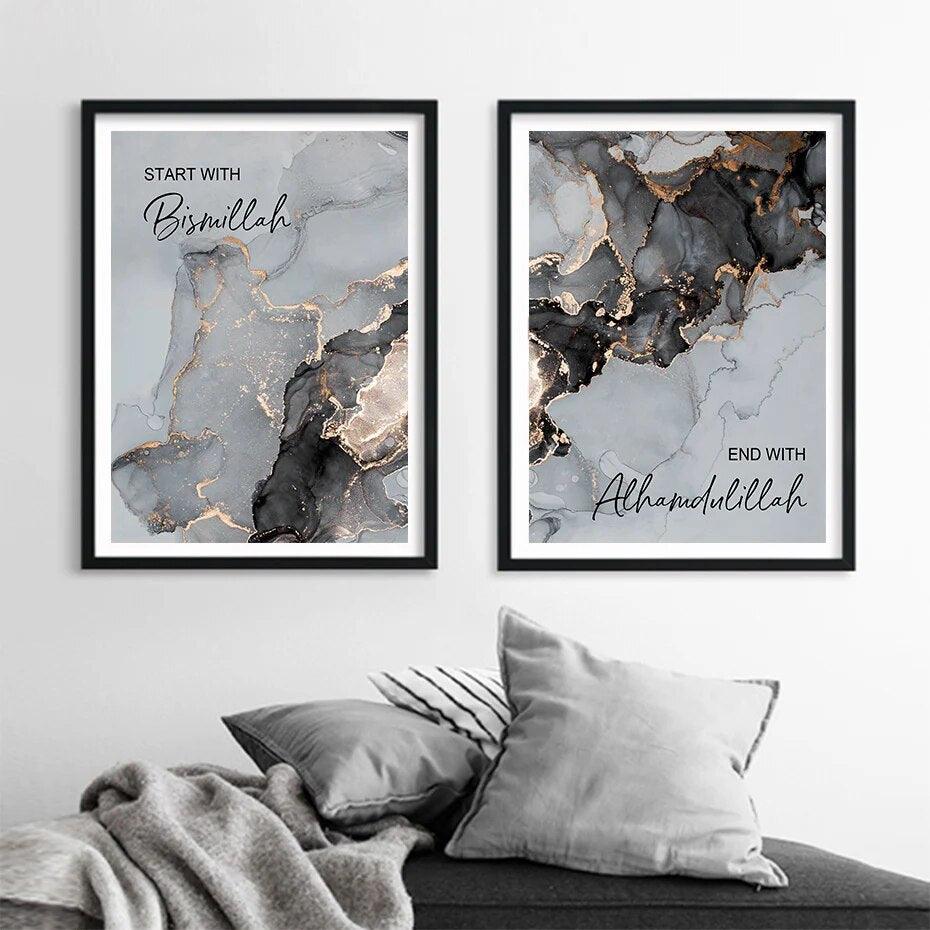 Start with Bismillah, End with Alhamdulillah | Gold Marble Wall Art | Set of 2 Canvases