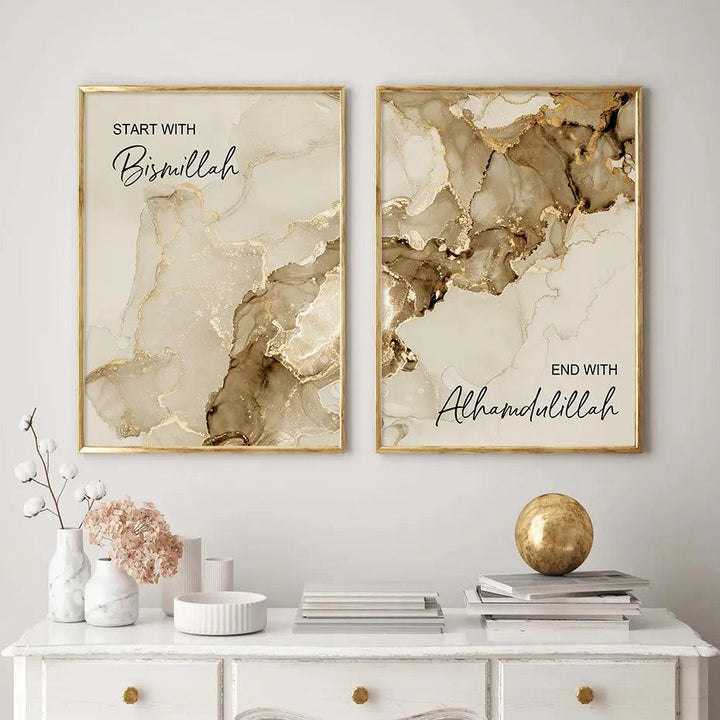 Start with Bismillah, End with Alhamdulillah | Gold Marble Wall Art | Set of 2 Canvases