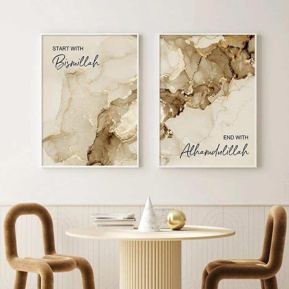 Start with Bismillah, End with Alhamdulillah | Gold Marble Wall Art | Set of 2 Canvases