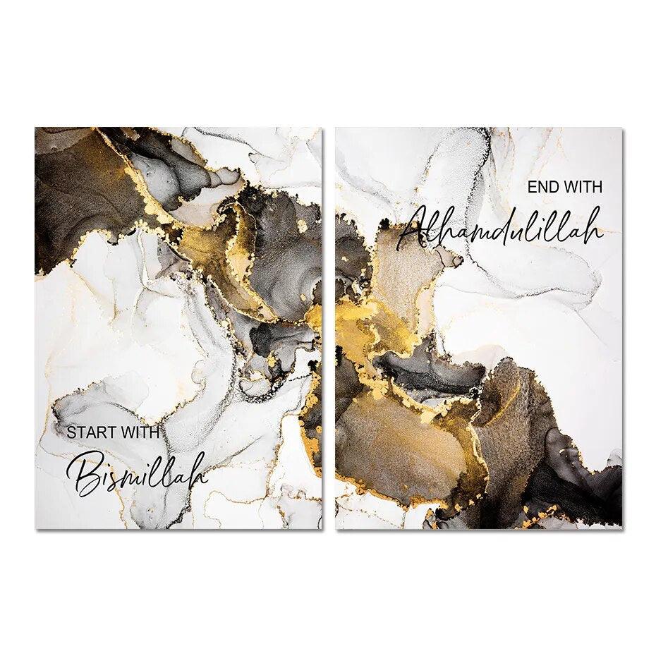 Start with Bismillah, End with Alhamdulillah | Gold Marble Wall Art | Set of 2 Canvases