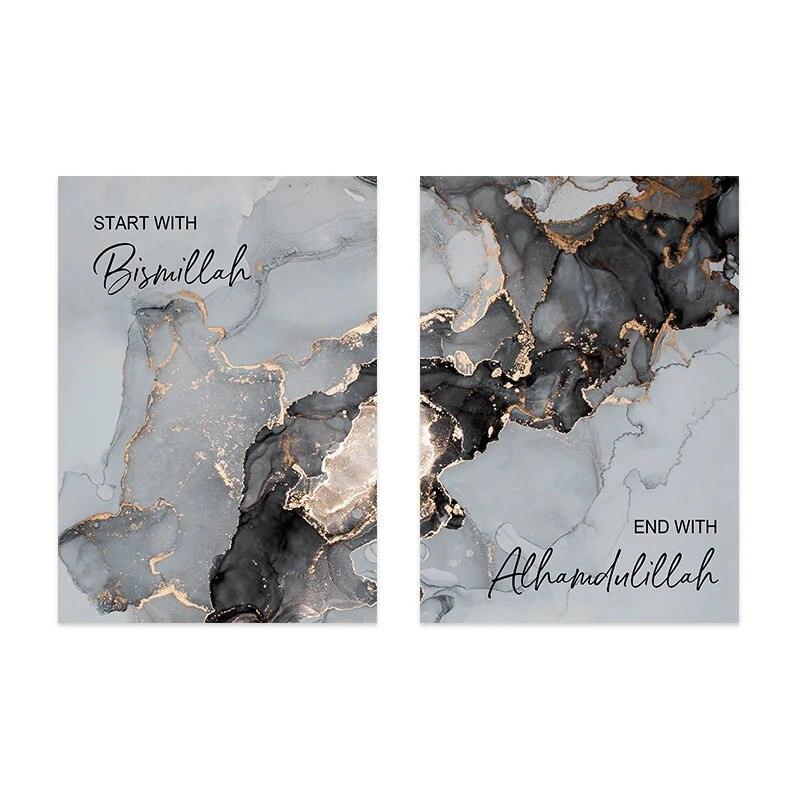 Start with Bismillah, End with Alhamdulillah | Gold Marble Wall Art | Set of 2 Canvases