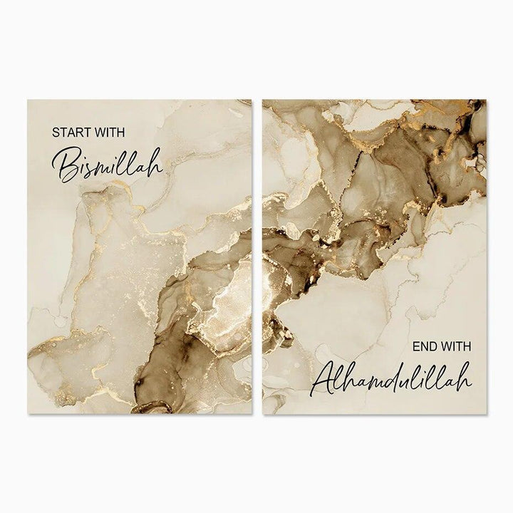 Start with Bismillah, End with Alhamdulillah | Gold Marble Wall Art | Set of 2 Canvases