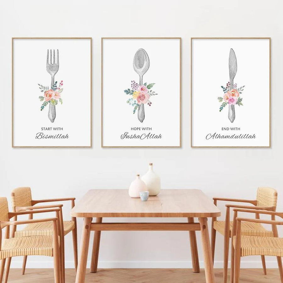 Start With Bismillah | Kitchen Floral Trio | Set of 3 Canvases