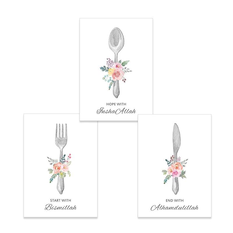 Start With Bismillah | Kitchen Floral Trio | Set of 3 Canvases