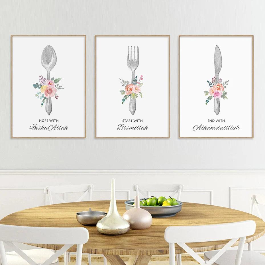 Start With Bismillah | Kitchen Floral Trio | Set of 3 Canvases