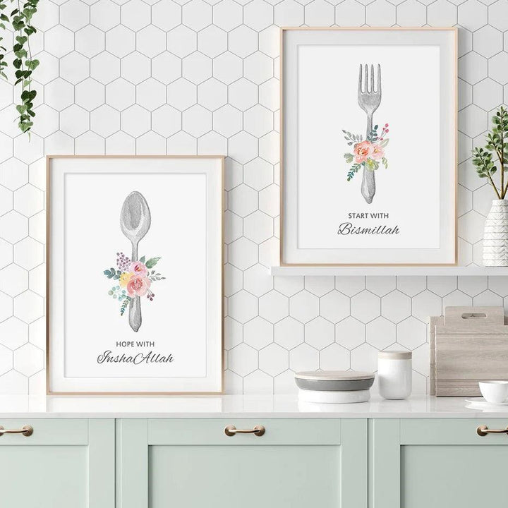 Start With Bismillah | Kitchen Floral Trio | Set of 3 Canvases