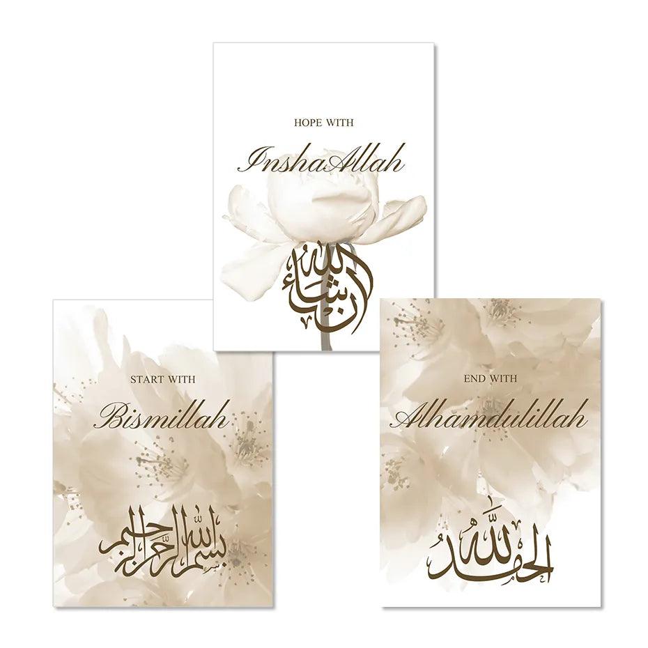 Start with Bismillah Trio | Beige Floral Islamic Calligraphy | Set of 3 canvases