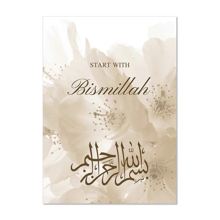 Start with Bismillah Trio | Beige Floral Islamic Calligraphy | Set of 3 canvases