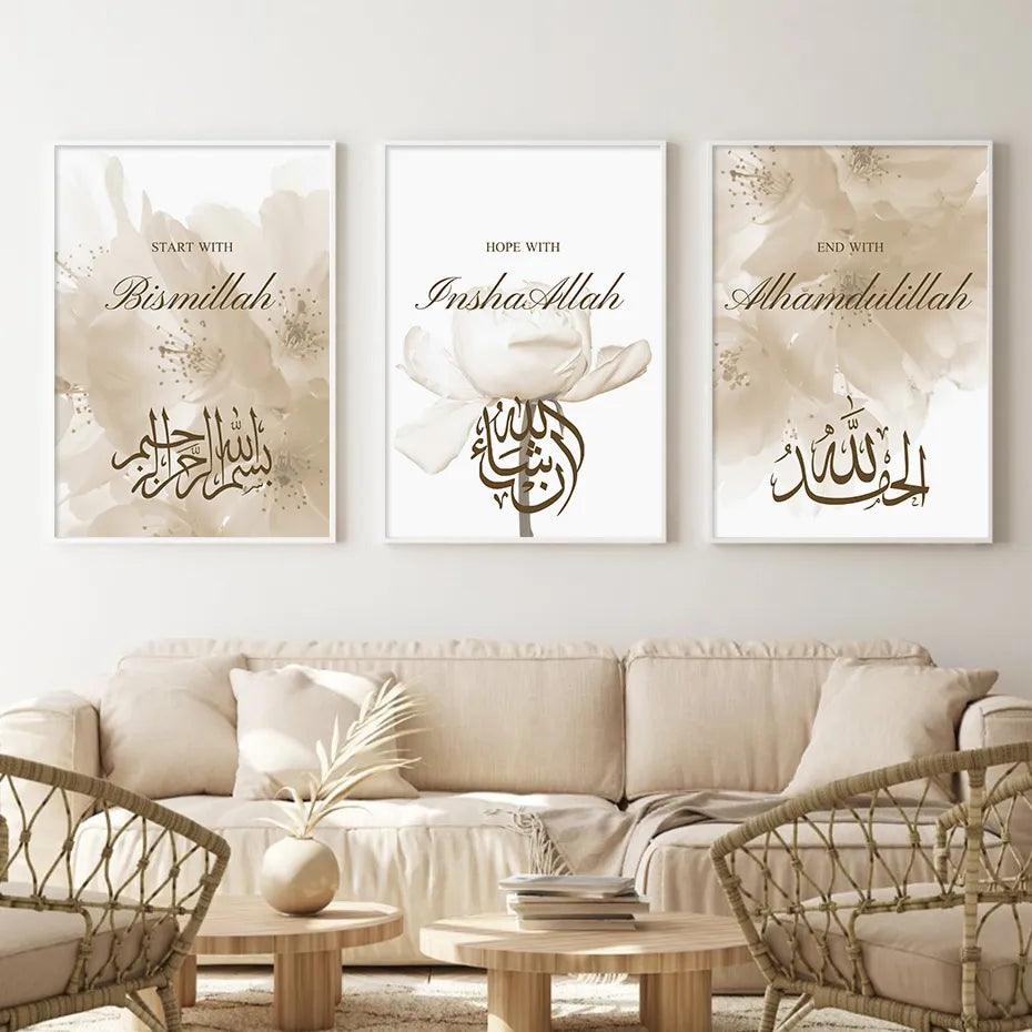 Start with Bismillah Trio | Beige Floral Islamic Calligraphy | Set of 3 canvases