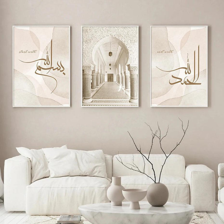 Start with Bismillah Trio | Masjid Moroccan Arch | Islamic Calligraphy | Set of 3 Canvases