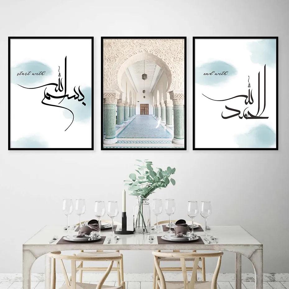 Start with Bismillah Trio | Masjid Moroccan Arch | Islamic Calligraphy | Set of 3 Canvases