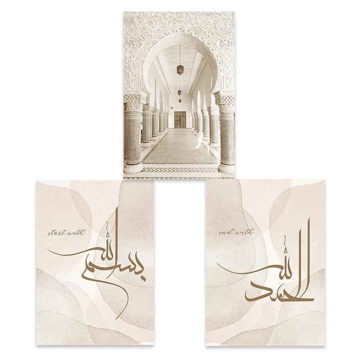 Start with Bismillah Trio | Masjid Moroccan Arch | Islamic Calligraphy | Set of 3 Canvases