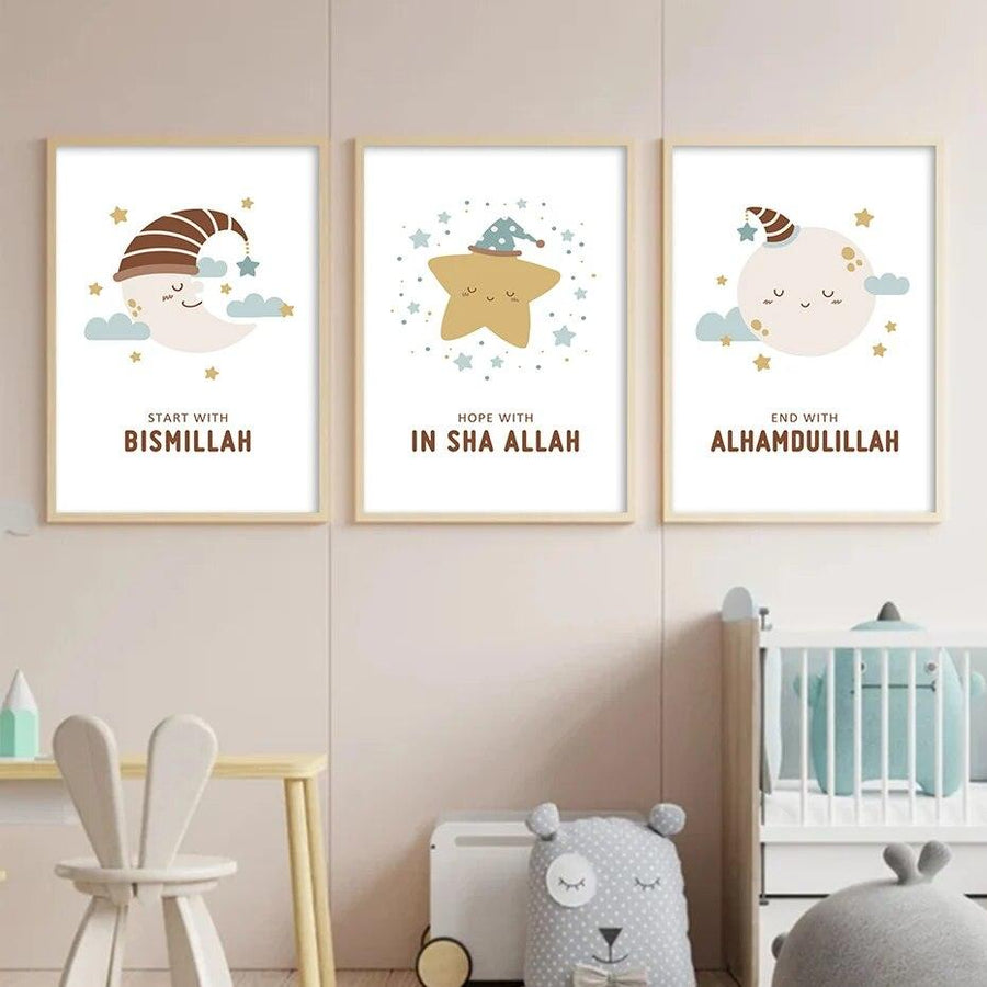 Start with Bismillah Trio | Sleeping Cartoons | Islamic Nursery Wall Art | Set of 3 Canvases