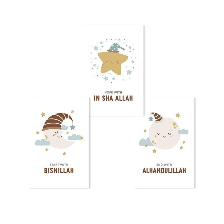 Start with Bismillah Trio | Sleeping Cartoons | Islamic Nursery Wall Art | Set of 3 Canvases