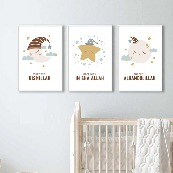 Start with Bismillah Trio | Sleeping Cartoons | Islamic Nursery Wall Art | Set of 3 Canvases