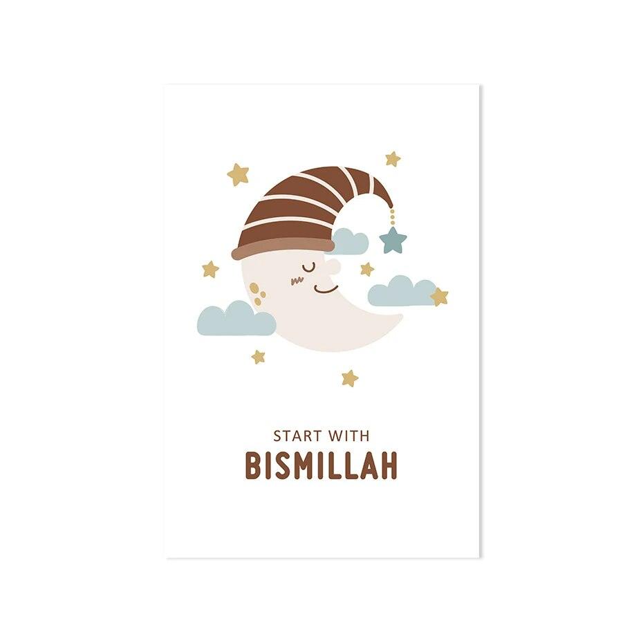 Start with Bismillah Trio | Sleeping Cartoons | Islamic Nursery Wall Art | Set of 3 Canvases