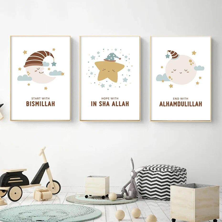 Start with Bismillah Trio | Sleeping Cartoons | Islamic Nursery Wall Art | Set of 3 Canvases