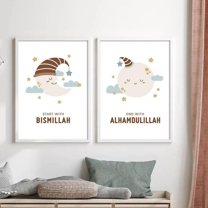 Start with Bismillah Trio | Sleeping Cartoons | Islamic Nursery Wall Art | Set of 3 Canvases