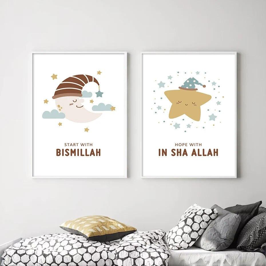 Start with Bismillah Trio | Sleeping Cartoons | Islamic Nursery Wall Art | Set of 3 Canvases