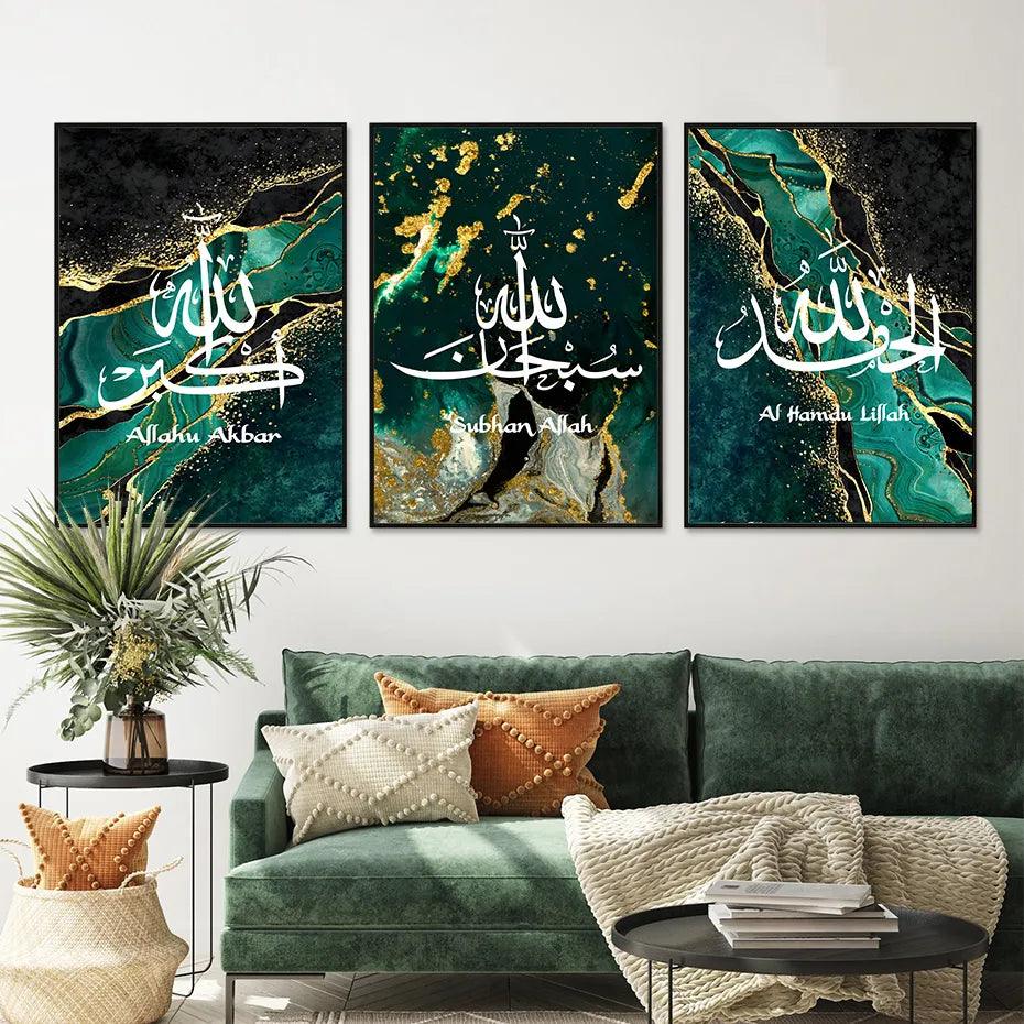 Tasbeeh Dhikr Trio | Green Gold Marble | Islamic Wall Art | Set of 3 Canvases