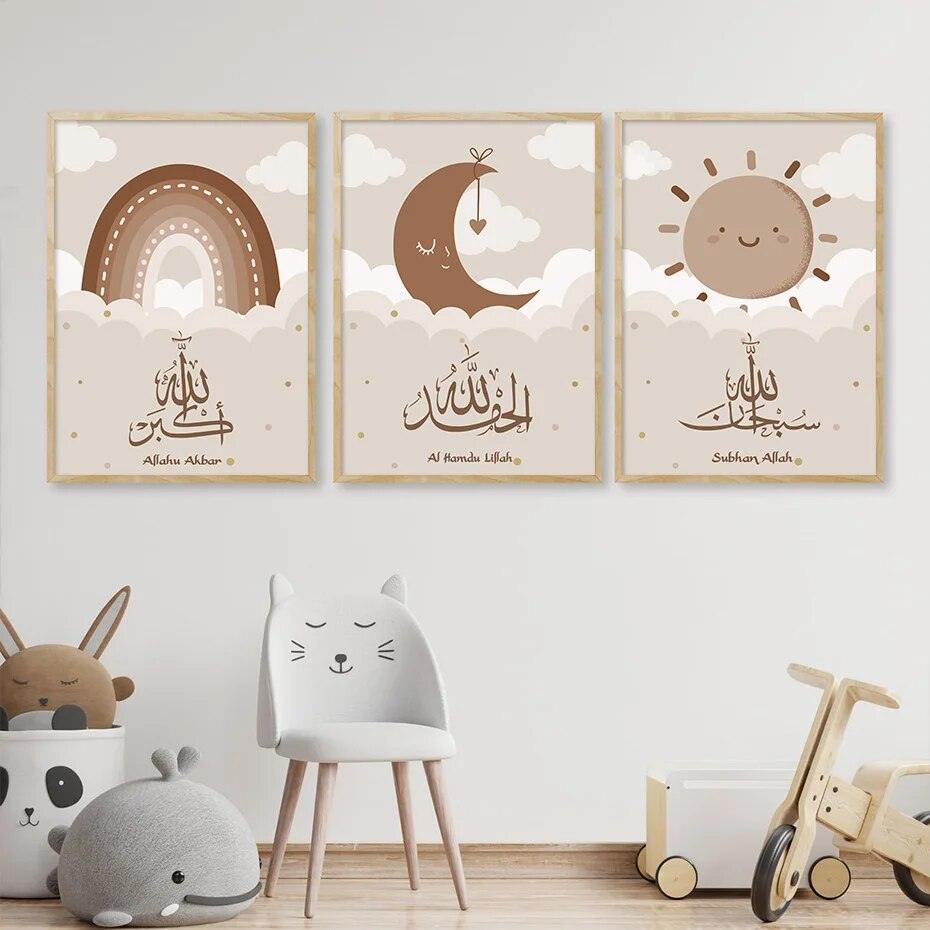 Tasbeeh Trio | Kids Cartoon | Islamic Wall Art | Set of 3 Canvases